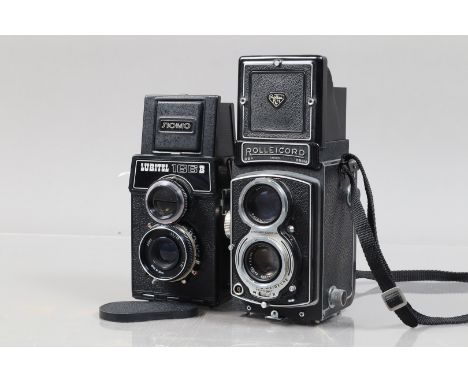 A Rolleicord IV and a Lomo Lubitel 166B TLR Cameras, Rolleicord serial no 1370200, body F-G, dust to mirror, wear to leathere