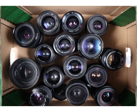 A Tray of SLR Zoom Lenses, 15 examples; mainly 35-70mm, a few 28-70mm; brands including Centon, Minolta AF, Miranda (2), Olym