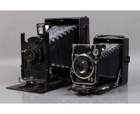 Two Folding Plate Cameras, a Zeiss Ikon Ideal 250/3, shutter working, body G, bellows G, focus screen intact, with 12cm f/4.5