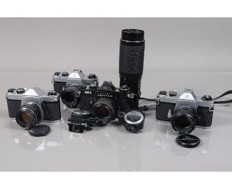 Four Asahi Pentax SLR Cameras, comprising an ES II with an SMC Takumar 50mm f/1.4 lens, a Spotmatic F with an SMC Takumar 50m