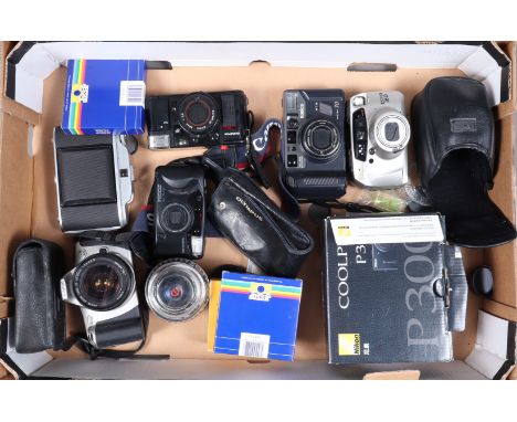 A Group of Various Cameras, a Canon EOS 300, with 28-80mm f/3.5-5.6 II  EF lens, untested, an Olympus AFL compact, a Konica M