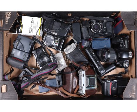 Various Cameras, including a Konica C35 compact camera, Nikon Coolpix 990 and 4500 digital cameras, a Canon EOS 500, with 28-