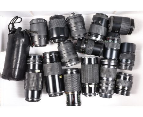 A Tray of SLR Tele Zoom and Prime Lenses, zoom lens brands including Canon FD, Canon EF, Minolta AF (3), Olympus OM, Pentax A