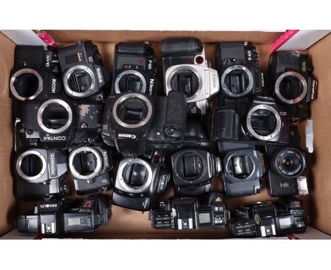 A Tray of SLR Camera Bodies, manufacturers including Canon, Minolta, Ricoh, Nikon and other examples, many with shutter issue