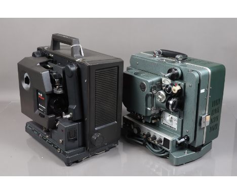 An Eiki M-1 and a Bell and Howell Filmosound TQ III 16mm Cine Projectors, comprising a blue Eiki M-1 optical and magnetic pla