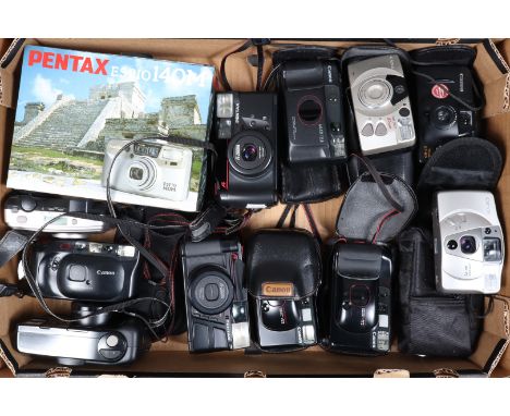 A Tray of Compact Cameras, Canon and Pentax models, including Canon Sureshot Supreme (2), AF-7s, 85 Zoom, Multi Tele, Pentax 