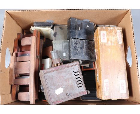 A Box of Magic Lantern Slides and Parts, including various glass lantern slides, some in boxed complete and part sets, loose 