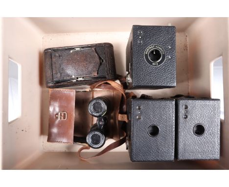 A Group of Vintage Kodak Cameras, comprising a No 1 Folding Pocket Kodak, a Kodak Limited Portrait Hawkeye No 2 box camera, t
