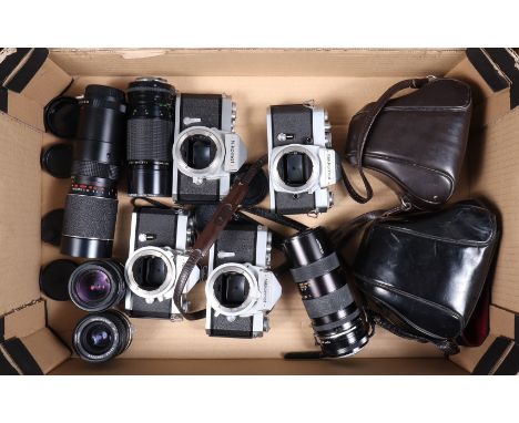 Nikon Camera Bodies and Lenses, three Nikkormat FTN bodies, shutter working, one meter not responsive, self timers working, a