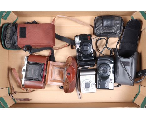 A Group of Various Cameras, comprising a Zeiss Ikon Nettar 517/16 6 x 6cm folding camera with ERC, an Olympus AZ-200 Superzoo