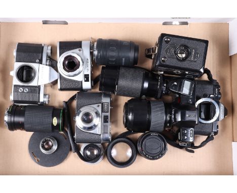 Cameras and Lenses, including a Zeiss Ikon Box Tengor, a Pentax MV-1 body, shutter working, meter untested, a Praktica VF bod