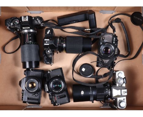 Six SLR Cameras, a Ricoh KR-10 Super, a Miranda, a Chinon CM-4s, shutters working, a Ricoh XR-2s, Minolta XD7 and Yashica FX-