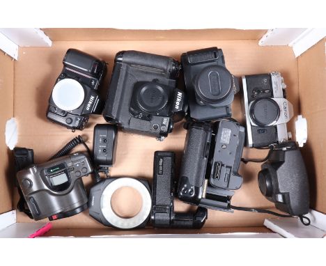 A Tray of Various Cameras and Accessories, comprising a Canon FTbN SLR body, a Canon T80 SLR with AC 50mm f/1.8 lens, a Nikon