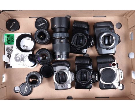 Canon EOS Camera Bodies and Lenses, Canon EOS 50e, 300n, 1000F and 1000Fn bodies, all untested, an 28-90mm f/4-5.6 II lens, a