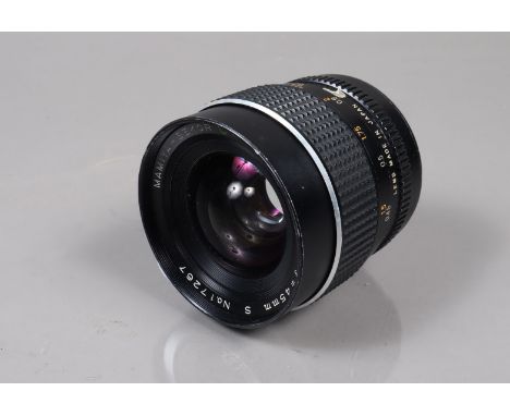 A Mamiya Sekor C 45mm f/2.8 S Lens, Mamiya 645 mount, serial no 17267, barrel F-G, paint wear to mount, light scratches, elem