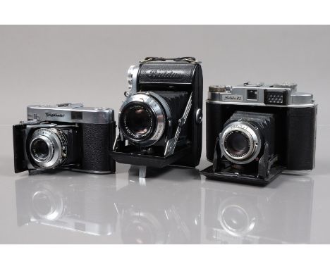 Three Folding Cameras, a Balda Super Baldax, shutter working, rangefinder functions, body G, light wear, with Ennit 8cm f/2.8