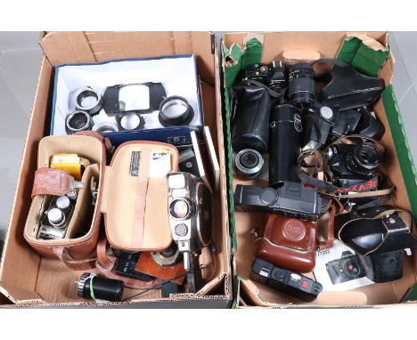 Two Trays of Cameras and Accessories, comprising an Olympus XA-2 with A11 flashgun, shutter working, a Braun Paxette I viewfi