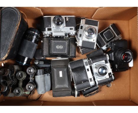A Group of Various Camera, including folding cameras by Kodak, Ensign, Agifold, a Praktica BX20, a Futura-S, a Kiev 4, other 