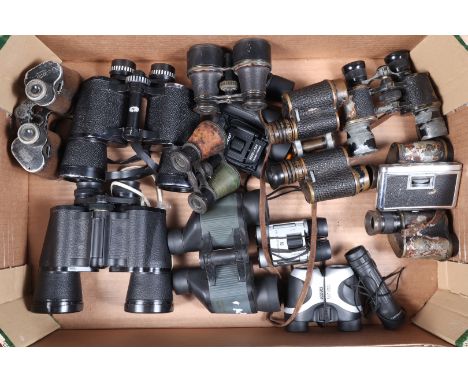 A Tray of Binoculars, comprising vintage binoculars including Carl Zeiss Jena 6 x 30, one military example made in Paris, vin