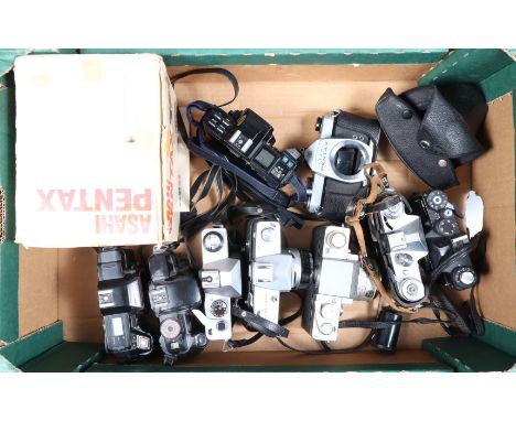 A Tray of SLR Camera Bodies, including an Asahi Pentax SP1000 body in maker's box, other brands including Canon, Minolta, Pra