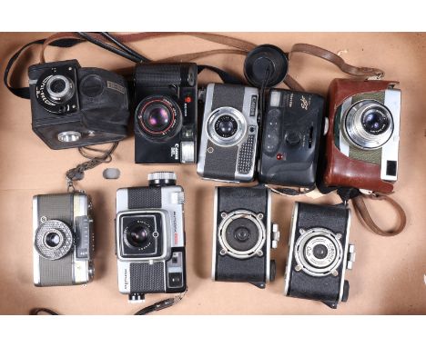 A Tray of Various Cameras, inculding an Olympus Pen EE, a Canon Demi a Canon ML, a Minolta Autopak 800, an Ensign Ful-Vue and