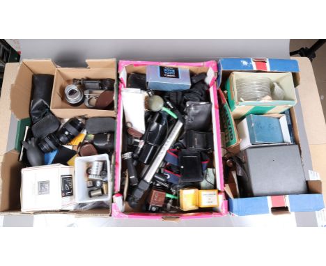 Three Trays of Camera Accessories and Photographica, including a Paillard Bolex trifocal viewfinder, a boxed Yashica FR data 