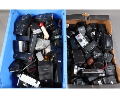 Two Boxes of 110 Cameras and Flash Units, 110 cameras by Kodak, Agfa, Halina, Hanimex and other examples, with flash units by