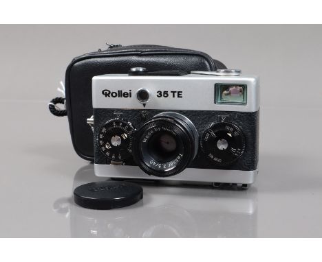 A Rollei 35 TE Camera, shutter sluggish on slow speed, not battery tested, body G, light wear, with 40mm f/3.5 Tessar lens, e