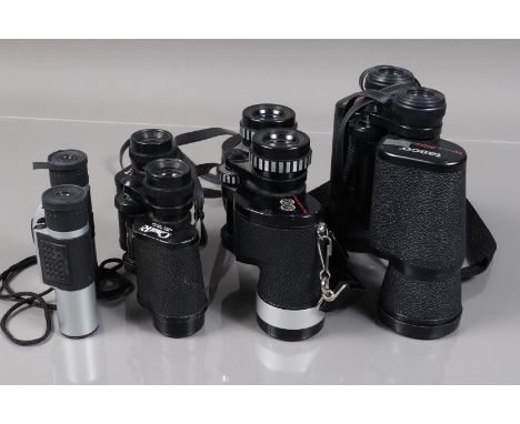 Four Pairs of Binoculars, a Pair of Kalimar 8 x 40 wide angle, Tasco 16 x 50mm Cavalier 8 x 30 and a pair of compact binocula