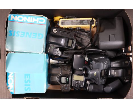 A Tray of Bridge Cameras, including Chinon Genesis (2), Chinon GS-7, Olympus AZ-330, AZ-300, a Ricoh Mirri, lot inculdes a Mi