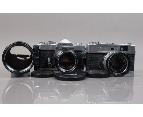 Two Konica Cameras, a Konica Autoflex T-3, shutter working, meter responsive, body G, with Hexanon AR 50mm f/1.4 lens, barrel