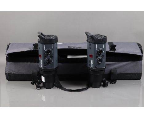 Two Bowens GM500 Flash Heads, untested, G-VG, with light stands, cables, manuals, in Bowens carry case, with Bowens reflector
