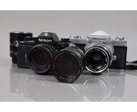 Two Nikon SLR Cameras, a Nikkormat FT, shutter working, meter responsive, body G-VG, light wear, with Nikkor-H 50mm f/2 non A