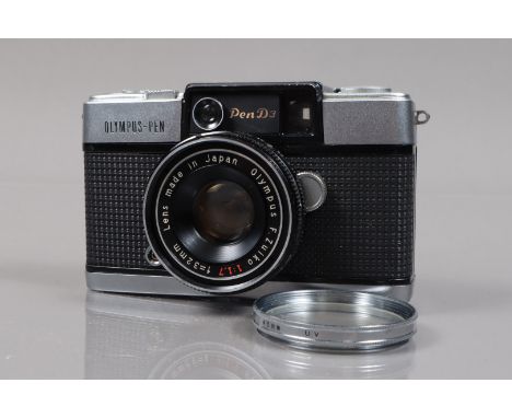 An Olympus Pen D3 35mm Half Frame Camera, shutter working, meter responsive, body G, light wear, with F.Zuiko 32mm f/1.7 lens