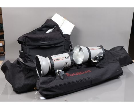 Studio Equpment, including two Prolinca 125 flash heads, untested, two Prolinca light stands, all in Prolinca carry cases, tw