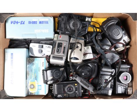 A Tray of Compact Cameras, manufacturers including Pentax, Samsung, Fujifilm, Kodak, Sea and Sea, Olympus and other examples,