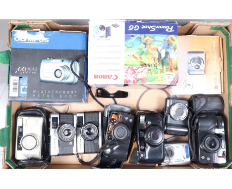 A Tray of Compact Cameras, models including Nikon One Touch Zoom 90, two Olympus Trip 35, an Olympus Superzoom 110, an Olympu