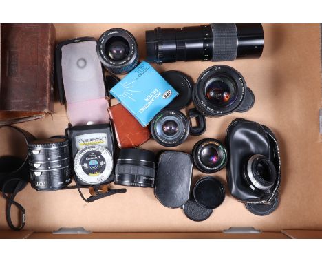 A Tray of Camera Related Items, including, lenses by Sigma, Chinon, Miranda, Prinzflex, light meters and caps