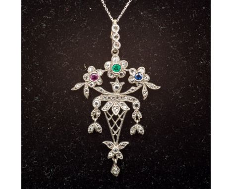 A vintage 9 ct white gold ruby, emerald, sapphire and diamond pendant Of pierced floral basket form, mounted on a modern 9 ct