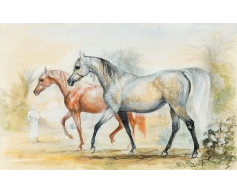 BENITA BAMMER (1938-1995) British (AR)Portrait of Two Arab Horses and Groom in LandscapeWatercolour and bodycolour, signed an