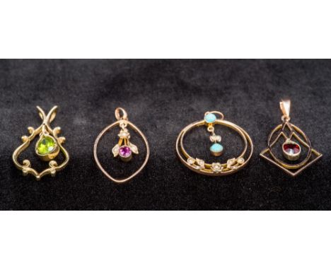 A collection of four Edwardian 9 ct gold pendantsEach set with various stones, including turquoise, peridot, garnet and seed 