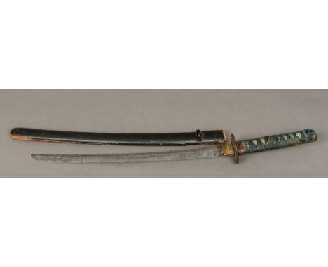 A Japanese wakizashi sword, possibly 19th centuryWith wrapped shagreen handle covering the signed manuki and with ornately pi