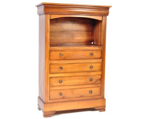 Contemporary French tallboy chest of drawers. Walnut construction being raised on a plinth base with bracket feet upright ban