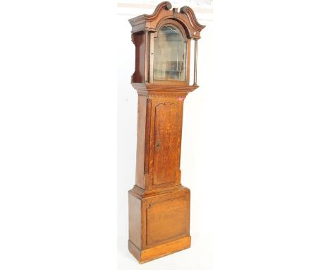 19th Century George III oak cased longcase / grandfather clock. Oak plinth and trunk with glazed hood having swan neck pedime