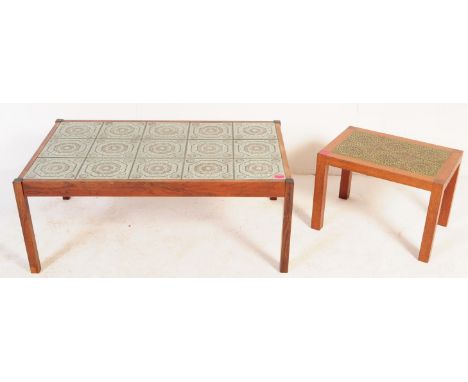 Two vintage retro mid 20th century circa. 1970's teak tile top coffee tables. Each having squared teak frames and supports wi