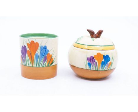 Clarice Cliff: A Bizarre range Crocus pattern hand painted preserve jar with lid (not original) approx. 9cm high x 9.5cm wide