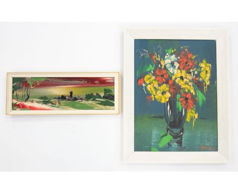 A pair of George R Deakins seascapes, both oil on canvas.Flowers approx. 50cm down x 37cm across. Other approx. 45.5cm across