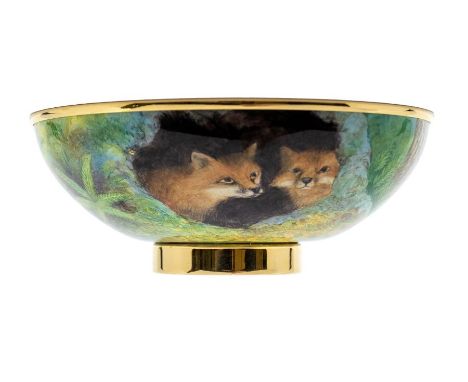 Elliot Hall: 'Foxes' limited edition enamel footed bowl signed by the artist T Halloran with box and certificate. Diameter ap