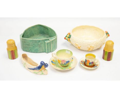 Clarice Cliff - A crocus coffee can and saucer (cracked), A spring crocus tea cup and saucer, A Celtic Harvest bowl. Along wi