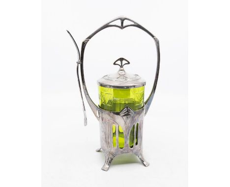 WMF: A Jugendstil Art Nouveau designed silver plated and cut green glass pickle jar, the plated surround having four splayed 